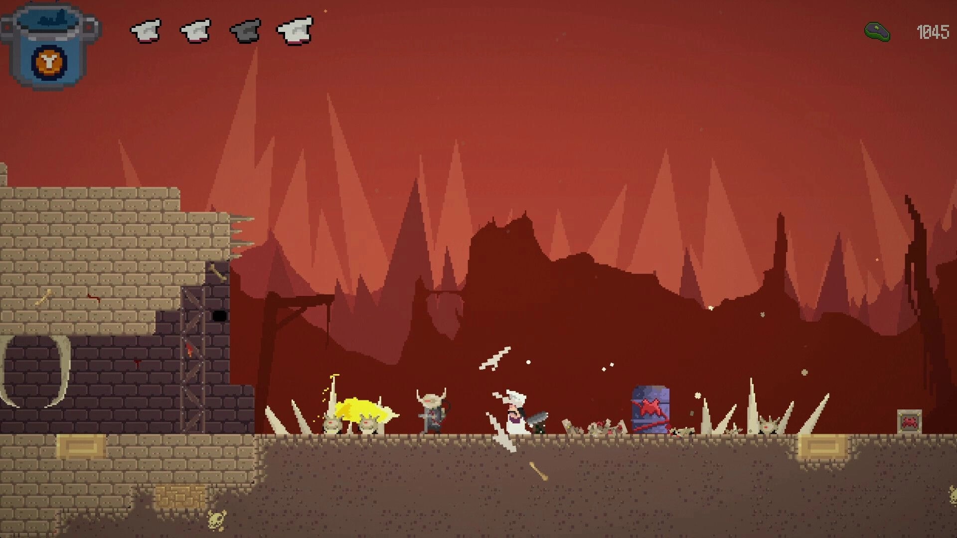 Pablo’s Journey: Side-scrolling fight near stone ruins and spikes, with hearts UI and score counter.