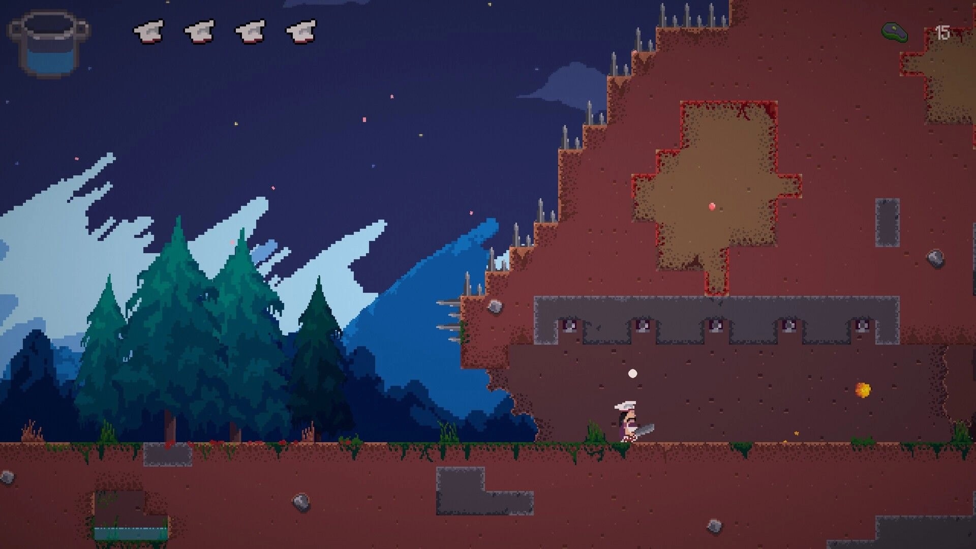 Pablo’s Journey: Chef hero runs with sword past spike cliffs under night sky, hearts UI above.