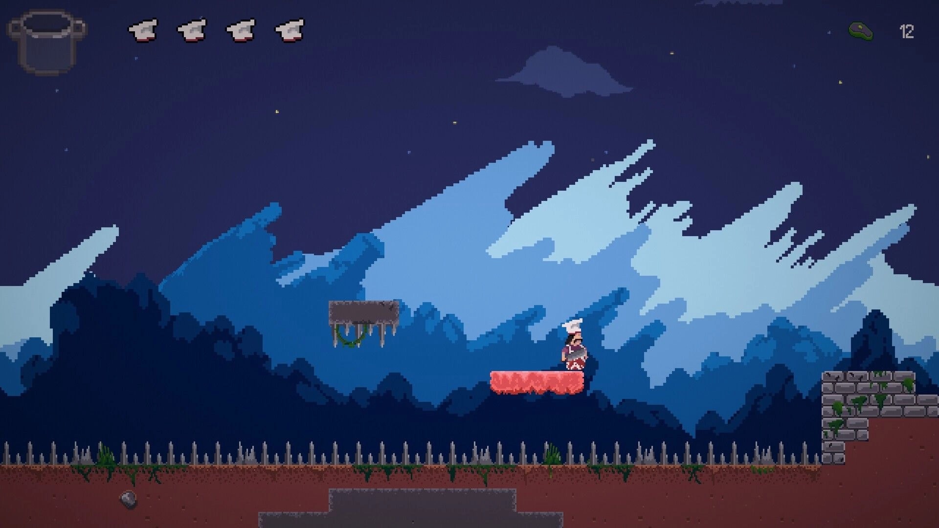 Pablo’s Journey: Chef stands on a pink platform over spikes under night sky, hearts and key counter UI.