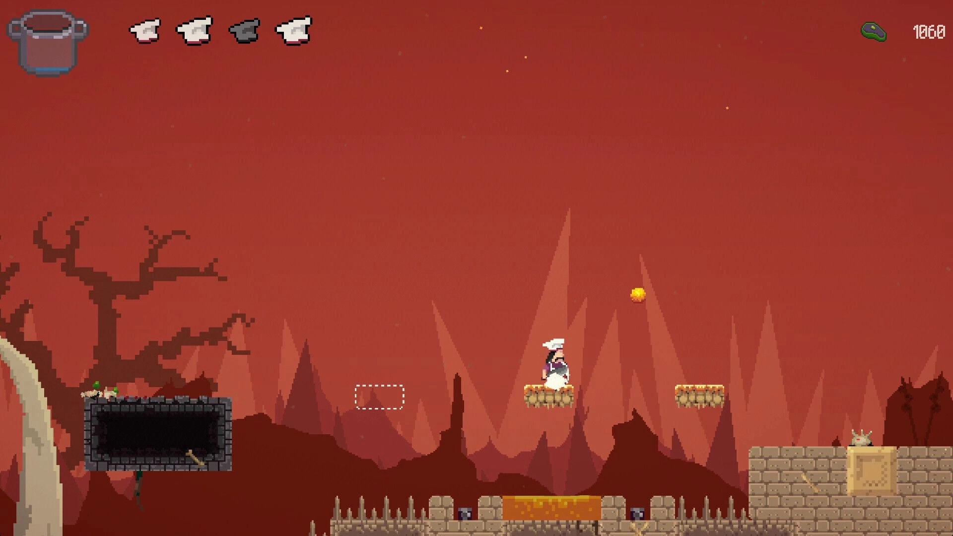 Pablo’s Journey: Chef jumps between platforms in red cavern, with pot UI, hearts, and key counter.