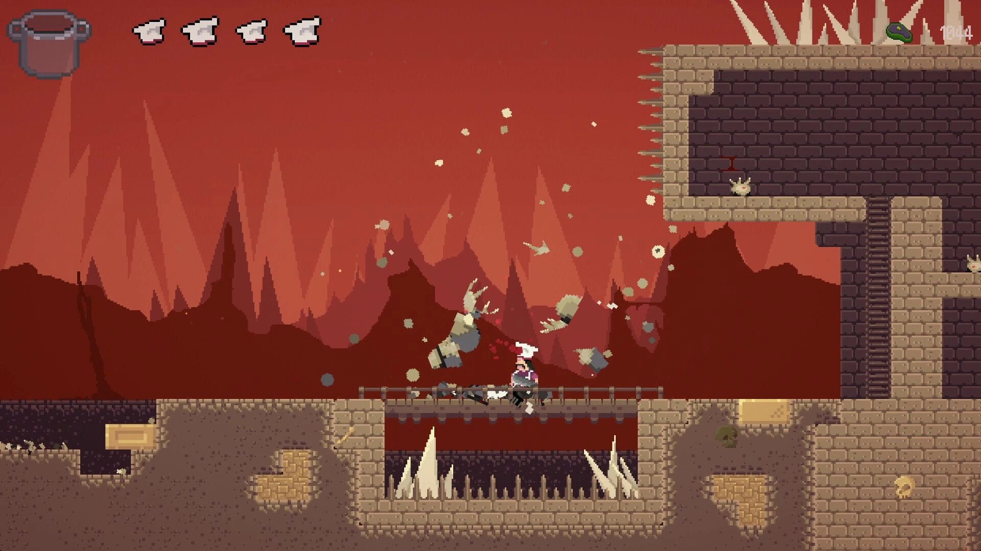 Pablo’s Journey: Pablo slashes an enemy on a bridge in spiky ruins, hearts and pot UI visible.