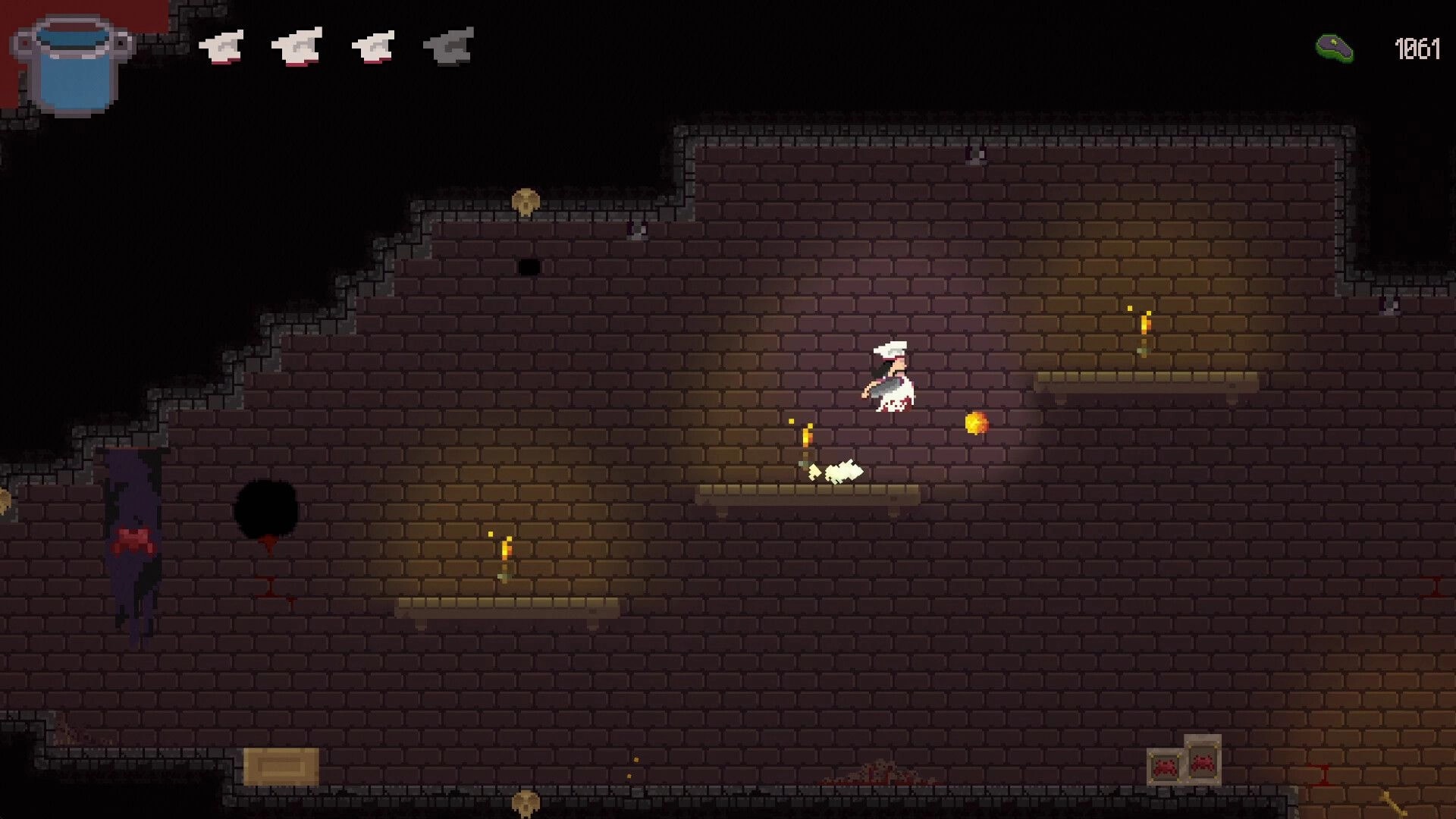 Pablo’s Journey: Pablo leaps between torchlit stone platforms in a dark dungeon, HUD at top.
