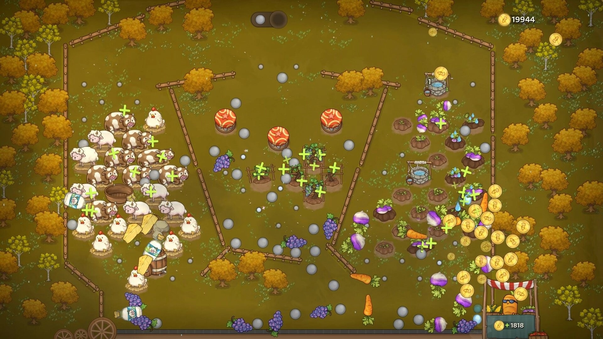 Pachinko Farm: Balls bounce past animals and crops, coins pile up in a fenced autumn farm board.