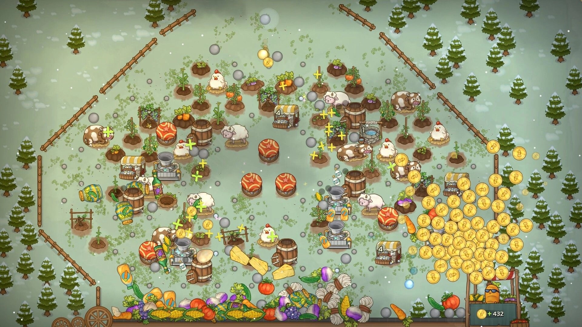 Pachinko Farm: Balls bounce through crops and animals, coins pile up in a snowy forest farm board.