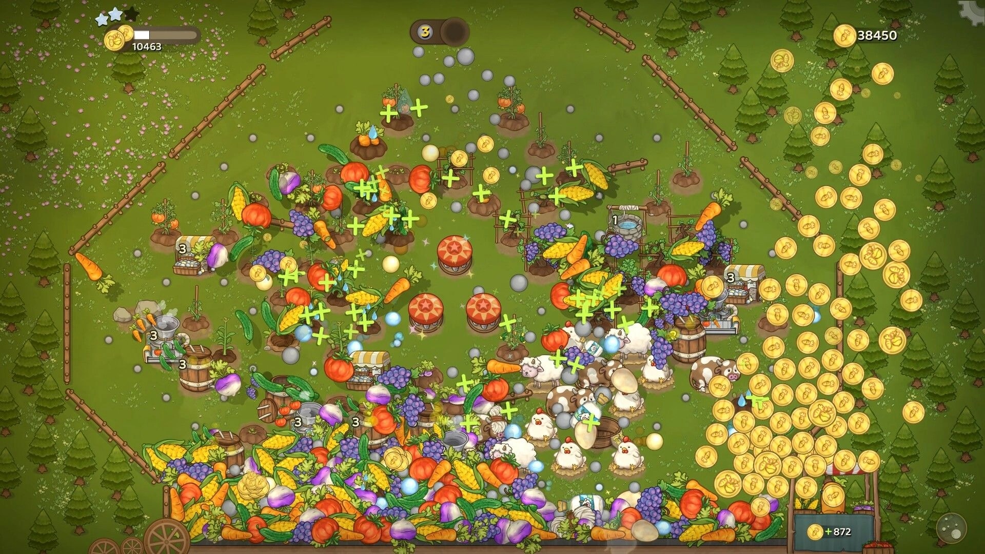 Pachinko Farm: Balls bounce through crops and animals, coins and + icons filling a fenced forest farm UI.