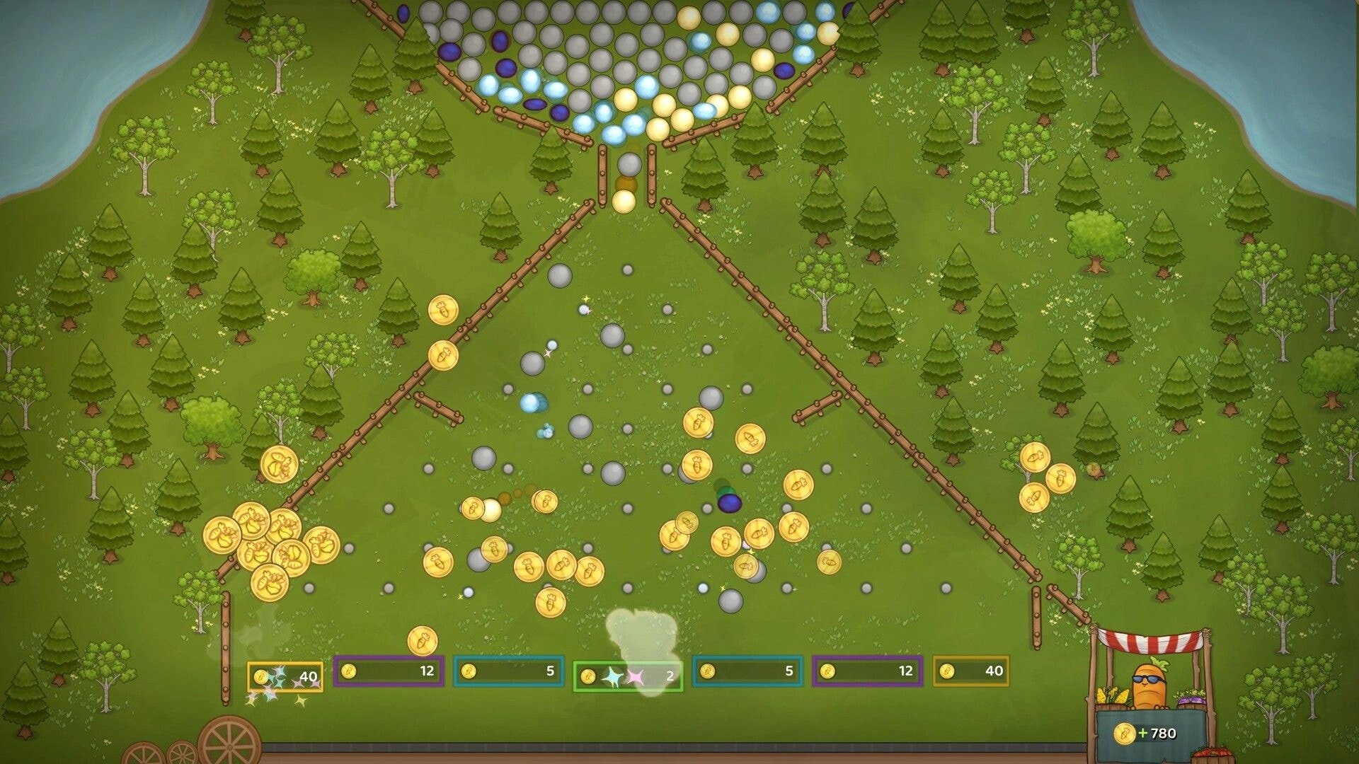 Pachinko Farm: Balls and coin tokens bounce through a wooden peg board in a forest farm scene.