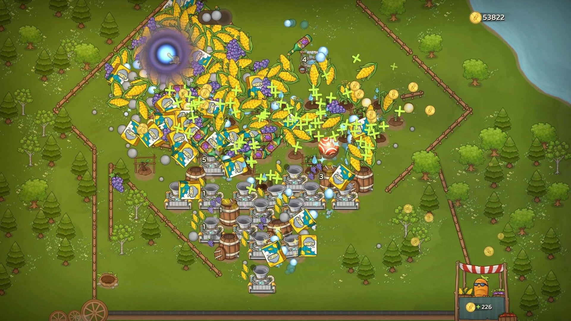 Pachinko Farm: Balls trigger corn and grapes, coins and plus signs over machines in fenced field UI.