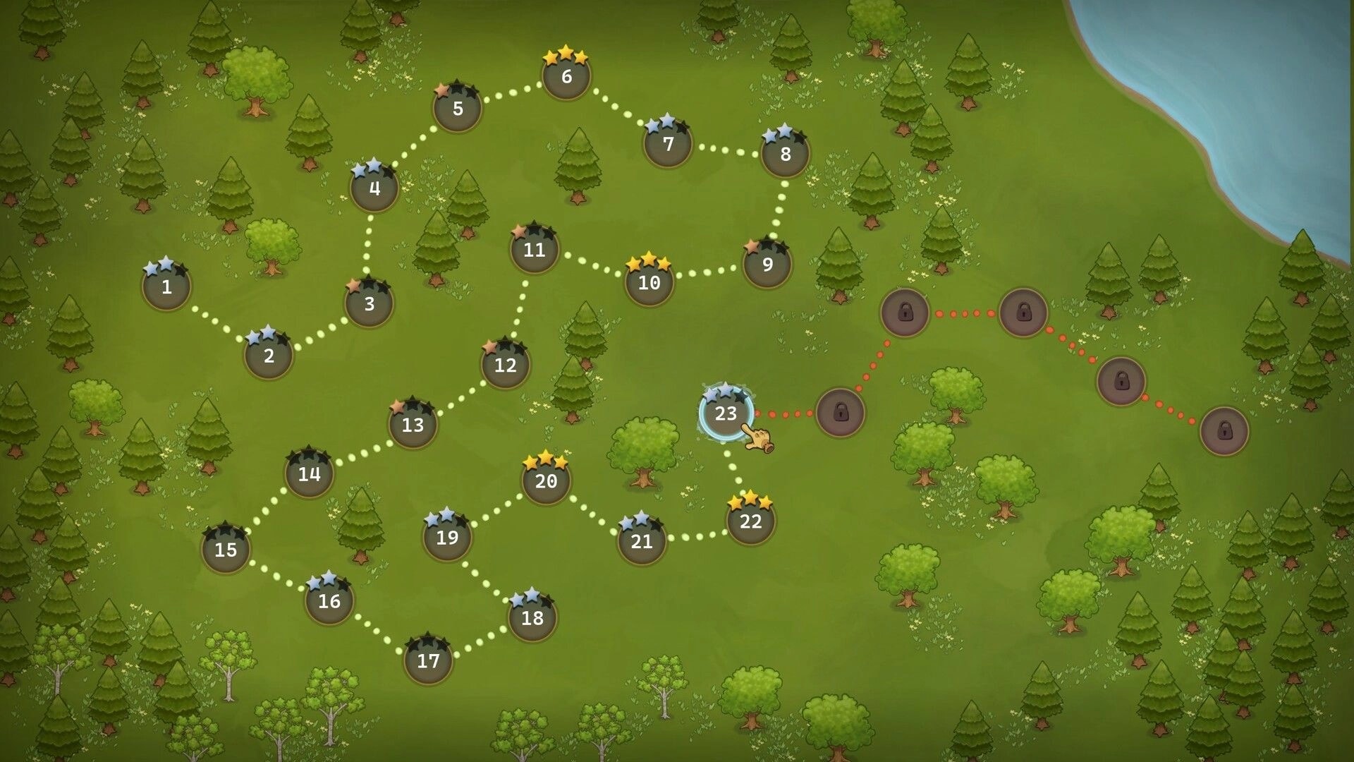 Pachinko Farm: Level map with numbered nodes, star ratings, and locked path on a forest field.