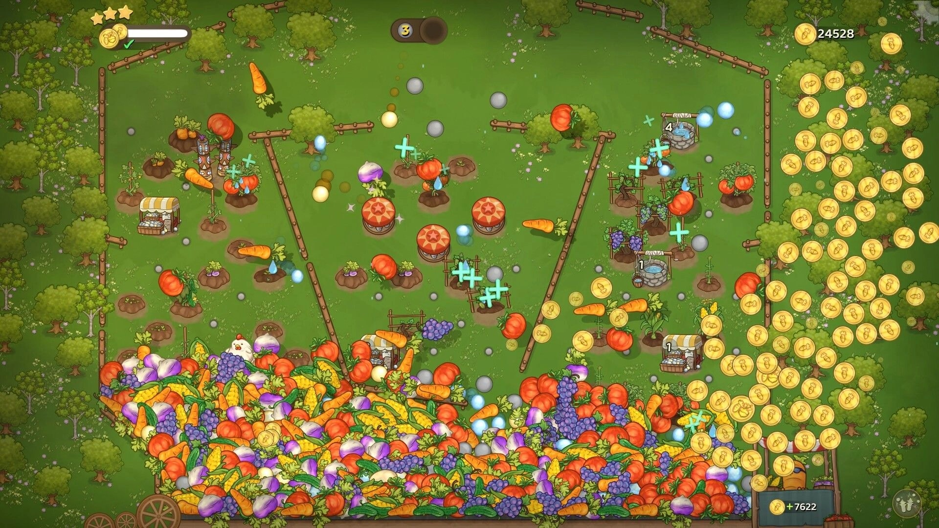 Pachinko Farm: Produce and coins bouncing through pegs and bumpers on a cluttered green farm board.