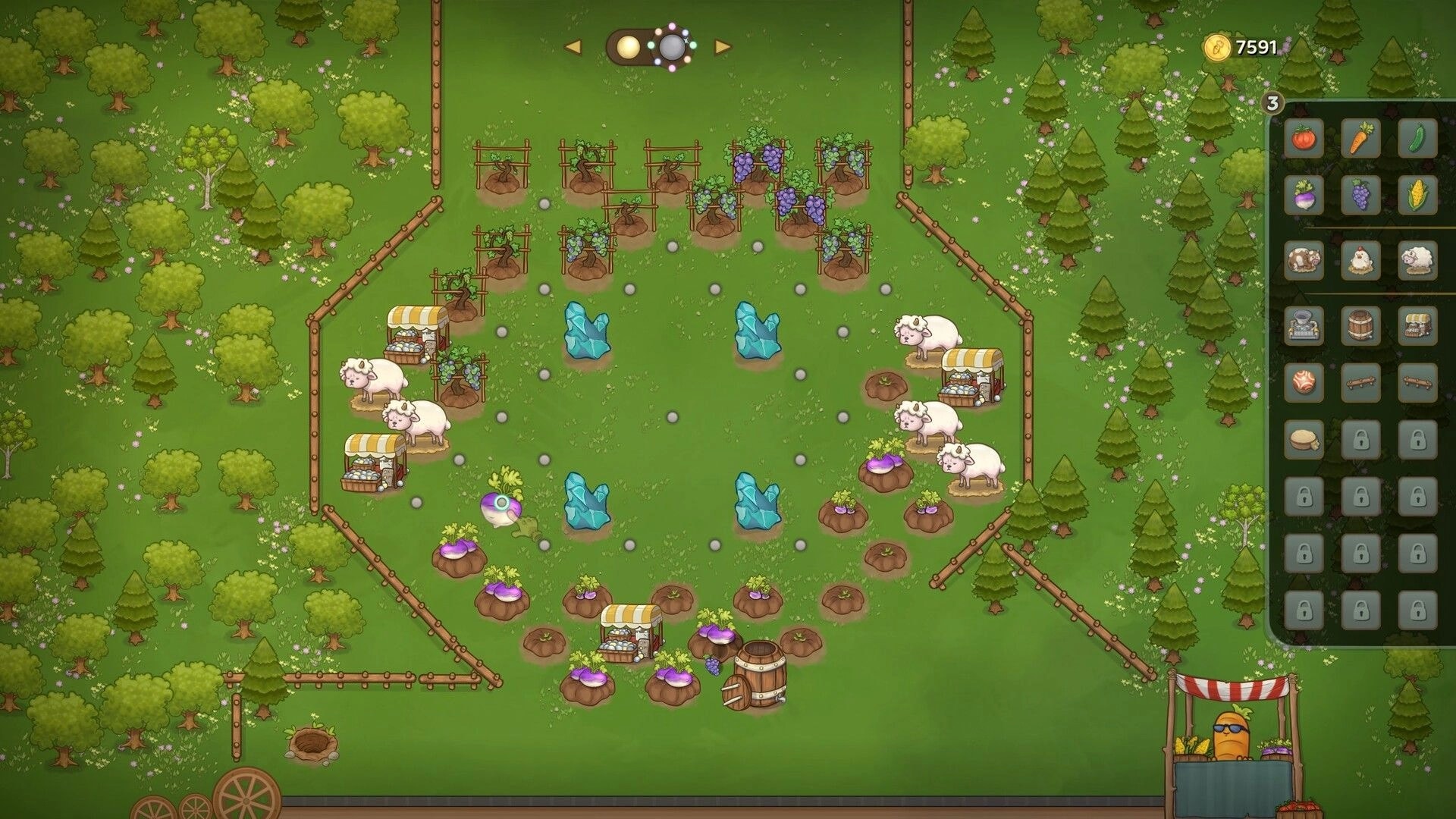 Pachinko Farm: Ball drops through pegs past sheep and crops, with shop and inventory UI in forest farm.