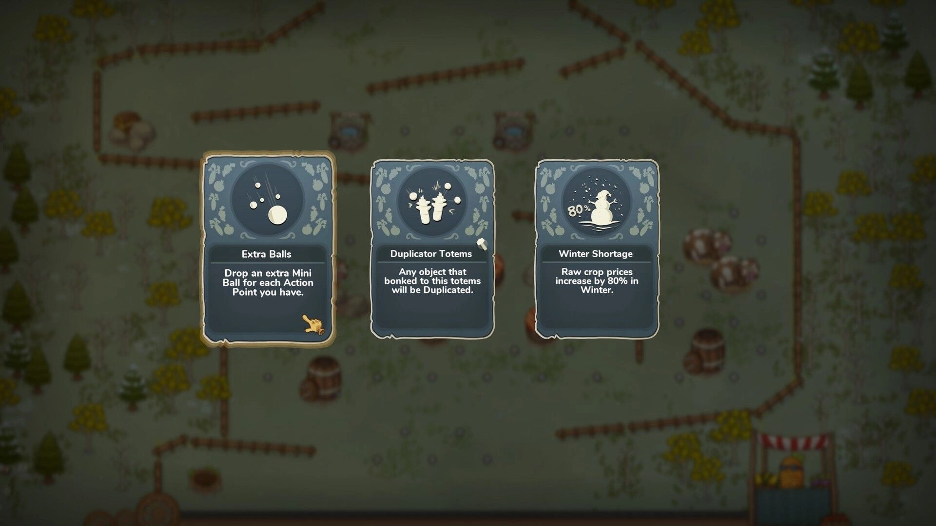 Pachinko Farm: Upgrade choice menu with Extra Balls, Duplicator Totems, Winter Shortage over farm map.