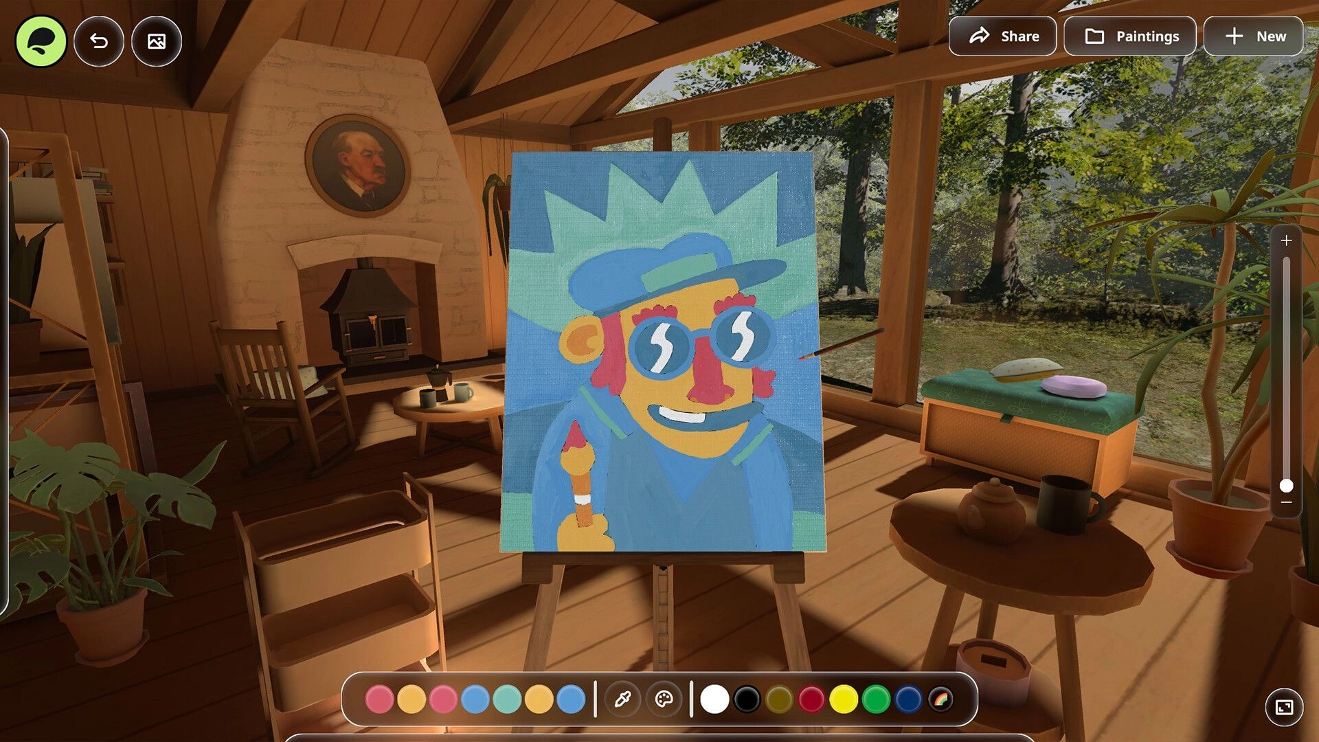 Painting PC: Bright cartoon portrait on easel with color palette UI in a sunlit cabin studio.