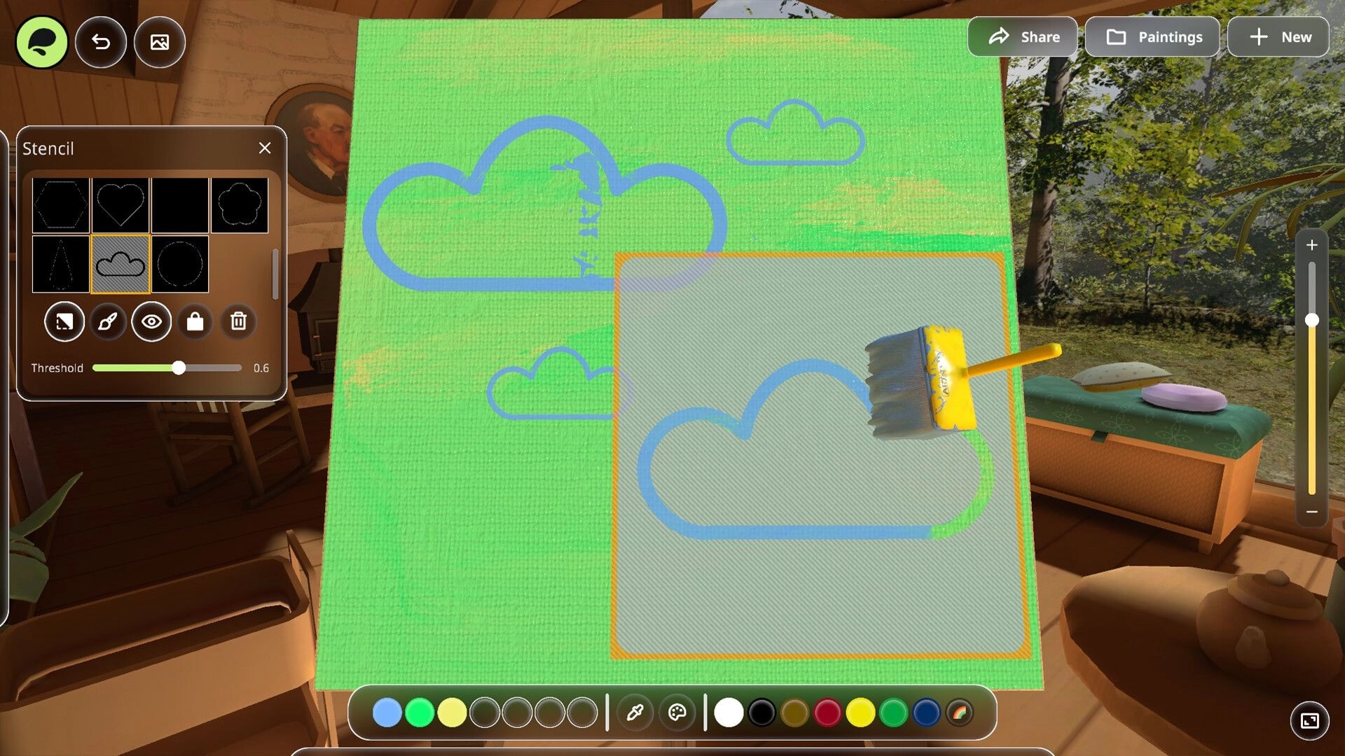 Painting PC: Painting blue cloud stencils on green canvas with stencil menu open in sunny studio.