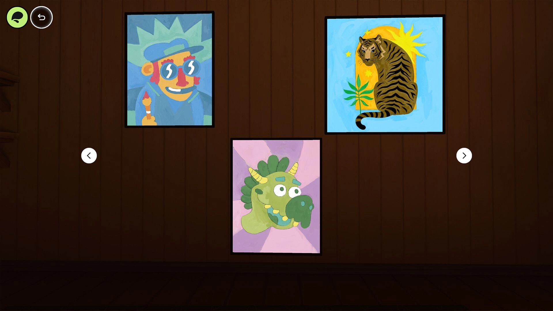 Painting PC: Gallery view of three framed paintings on a wood wall, with back and arrow UI buttons.