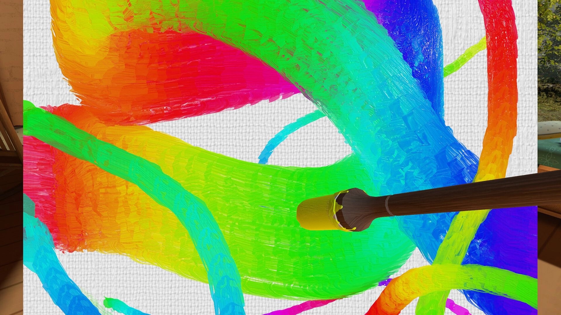 Painting PC: Large brush painting thick rainbow swirls on textured canvas in a cozy studio view.