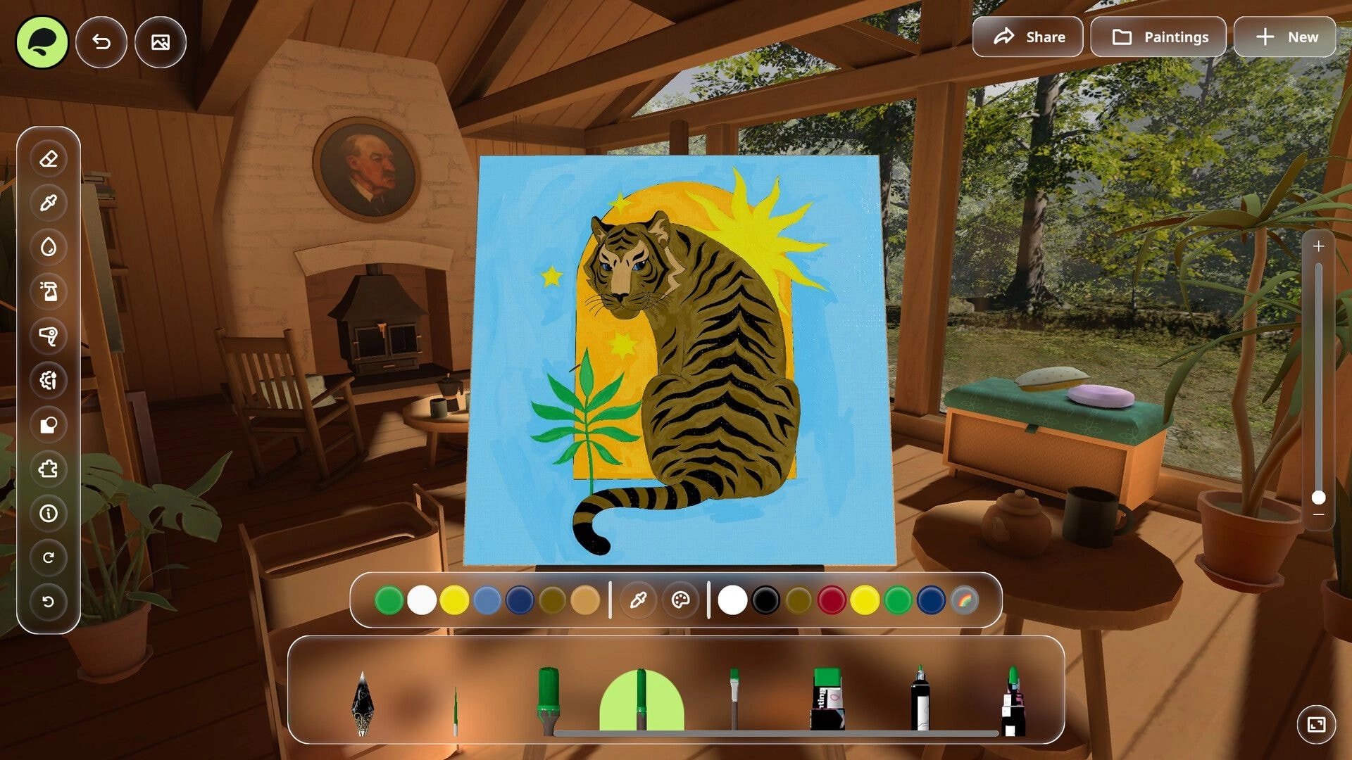 Painting PC: Tiger painting on canvas with color palette and tools in sunlit cabin studio by window.