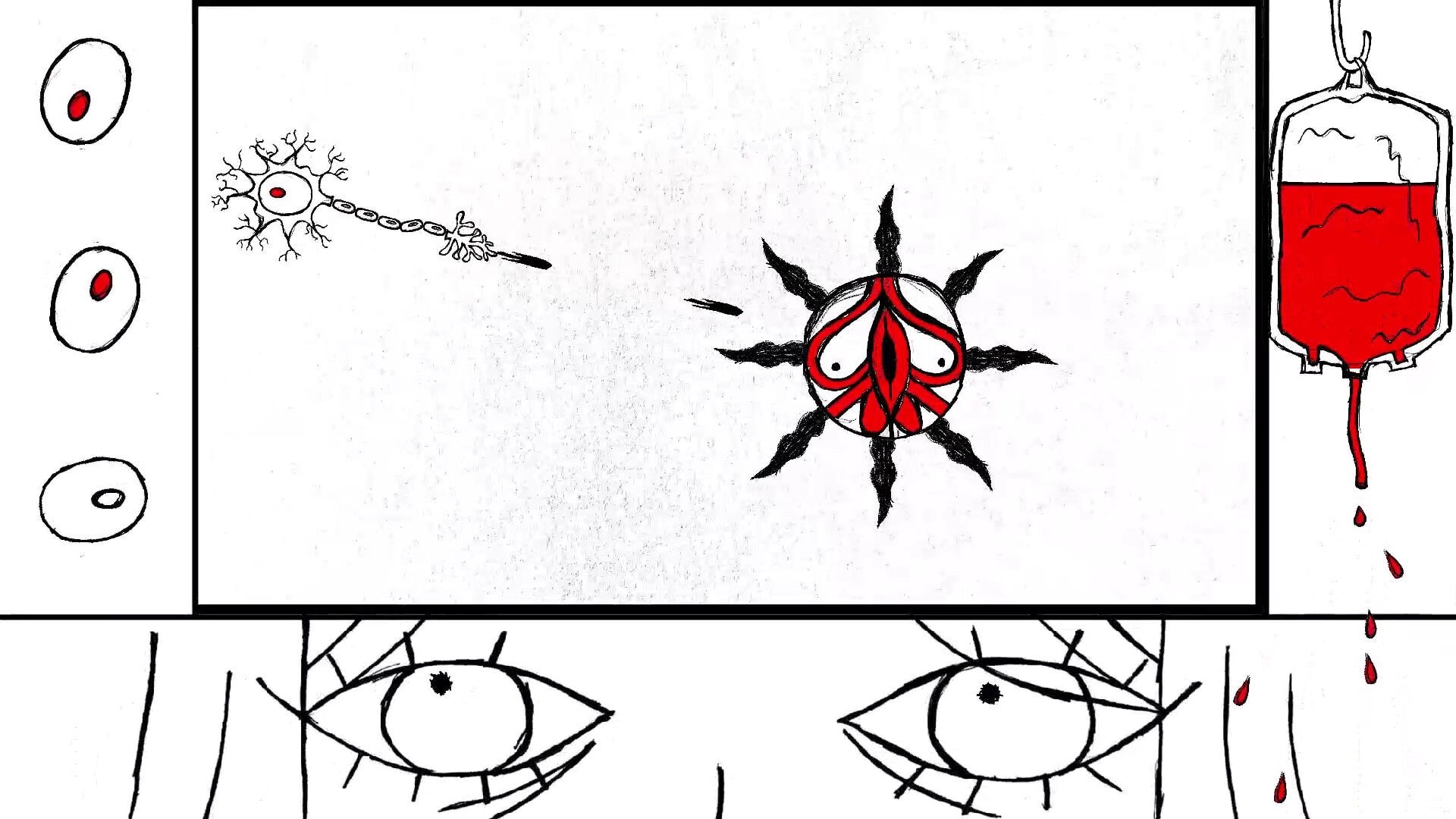Paper Bleed: Neuron fires at grotesque red eye symbol; blood bag drips in eerie monochrome setting