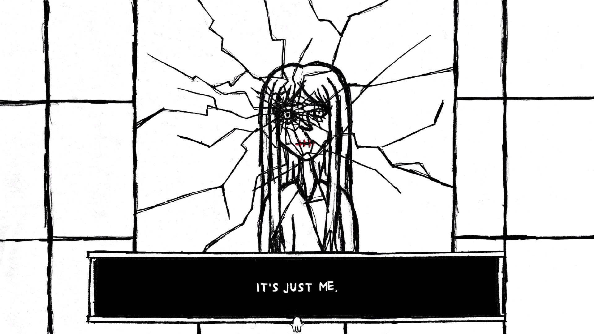 Paper Bleed: Distorted female figure with shattered glass effect, dialogue box reads "IT'S JUST ME."