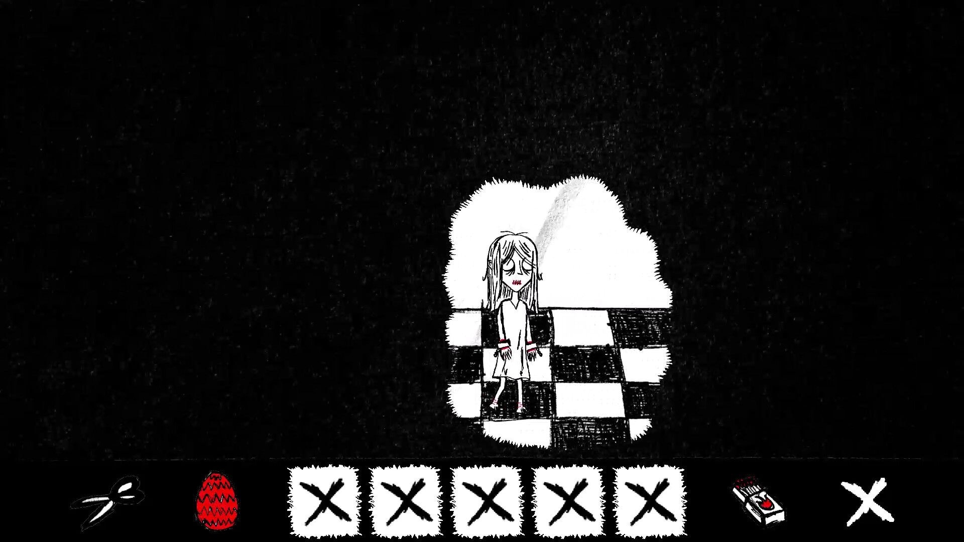Paper Bleed: Character stands on checkerboard floor with inventory items below in dark environment