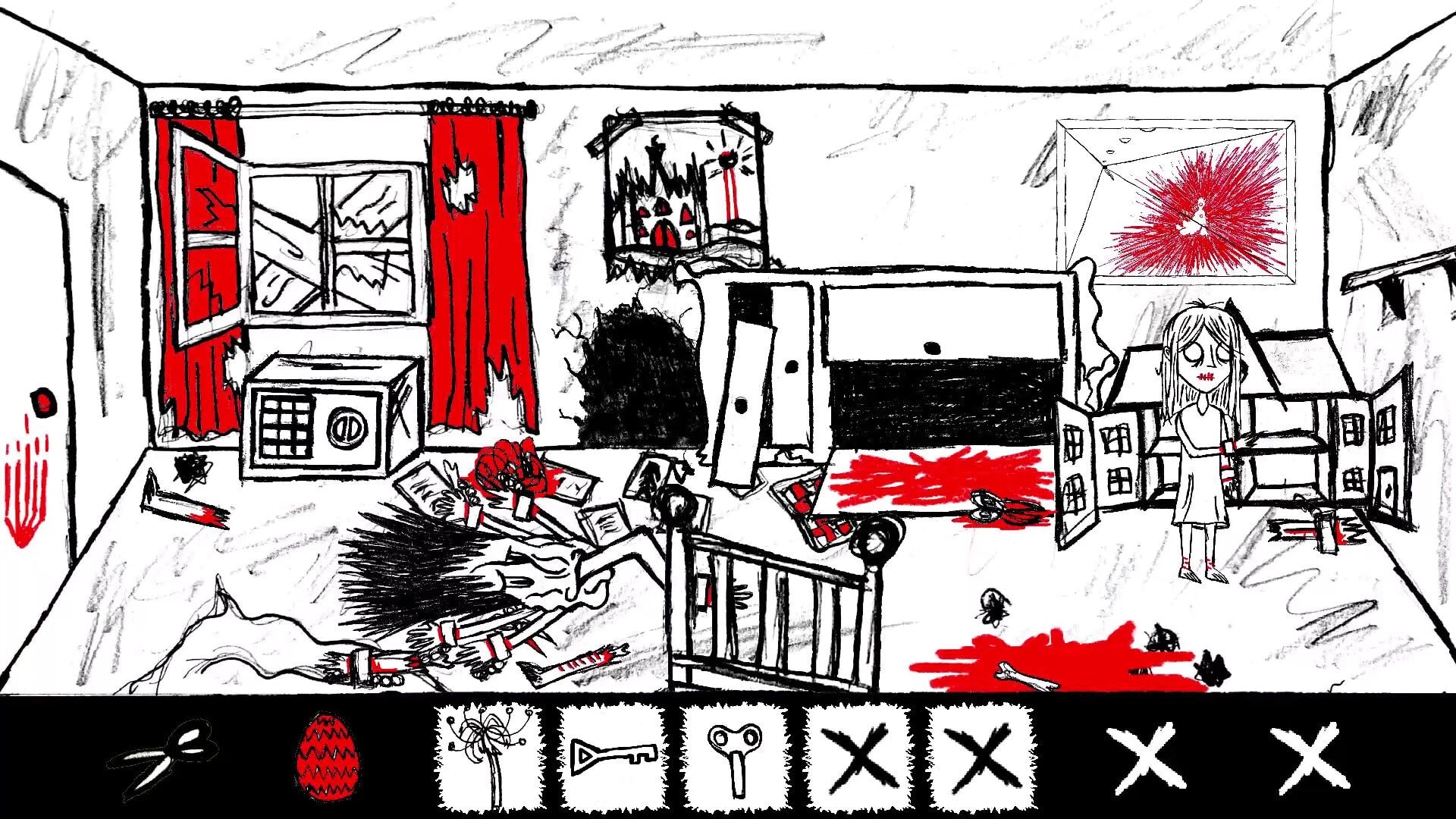 Paper Bleed: Young girl stands by dollhouse in a blood-splattered room with eerie red curtains and crib.
