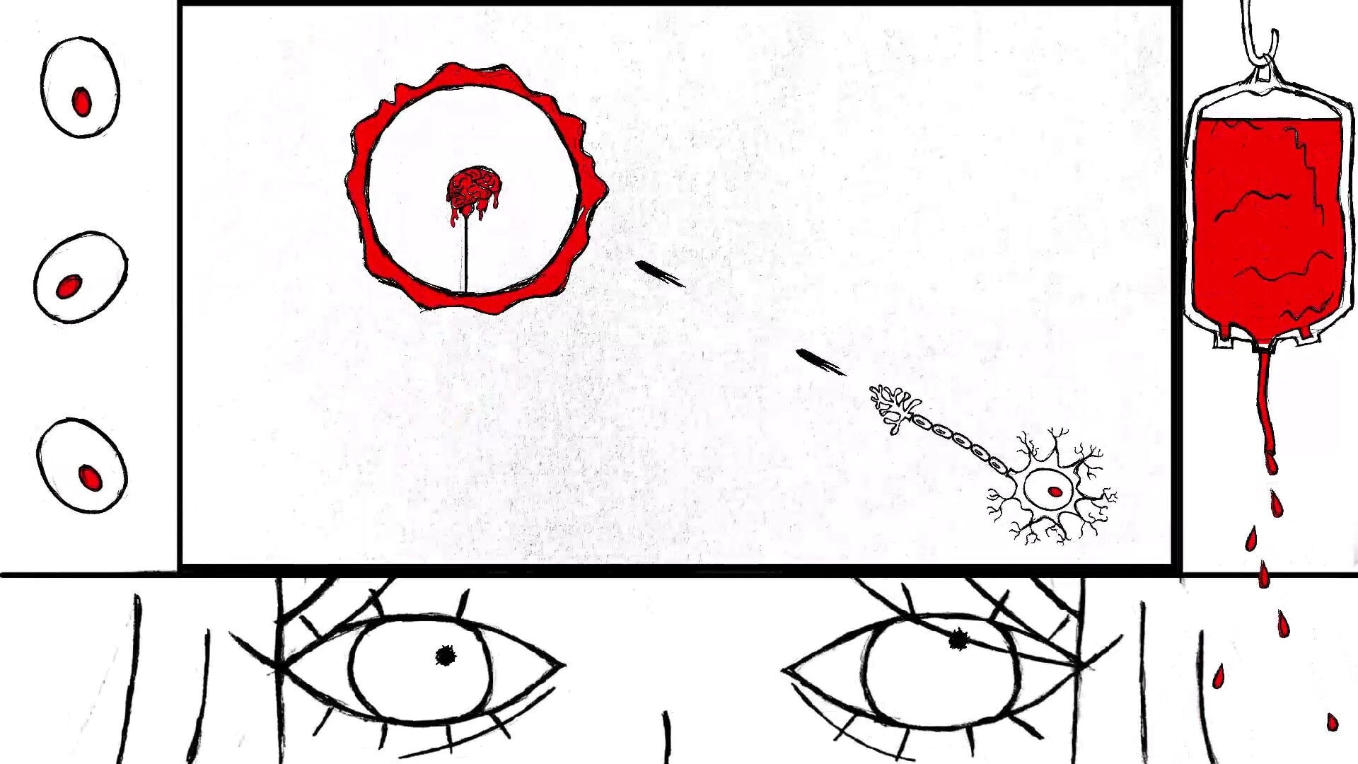 Paper Bleed: Neuron firing towards brain with blood bag dripping in stark, unsettling white space