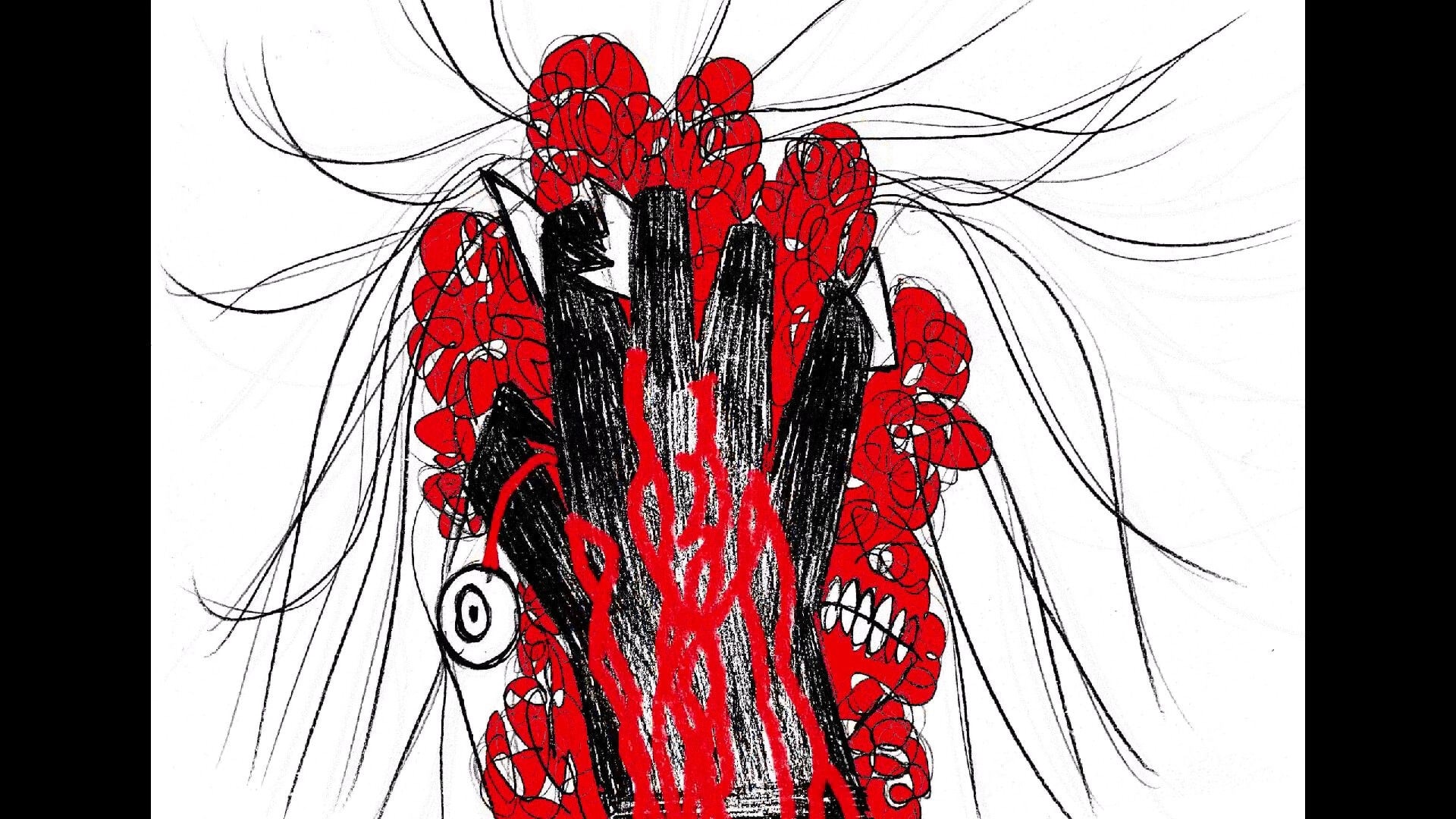 Paper Bleed: Black hand with red veins and eye surrounded by tangled hair in a chaotic, eerie design