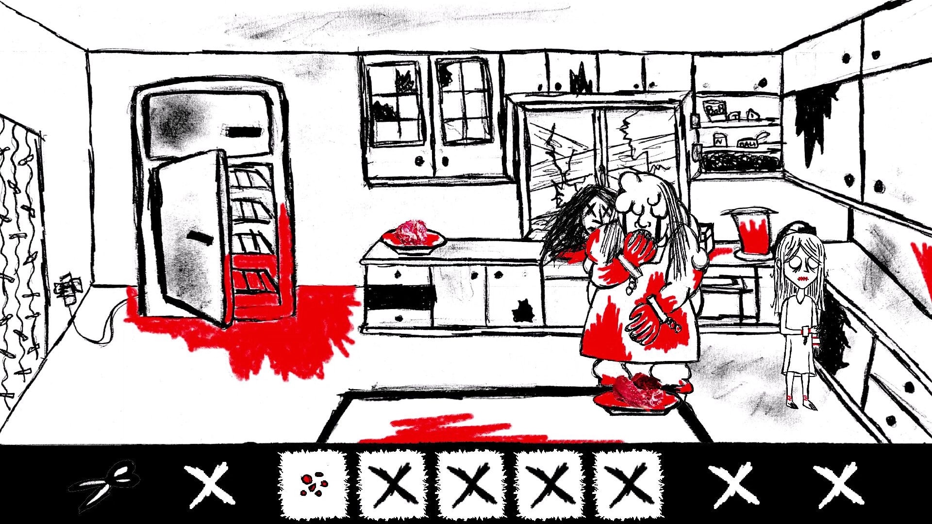 Paper Bleed: Disturbed kitchen scene with blood, open fridge, eerie characters, and bottom UI panel.