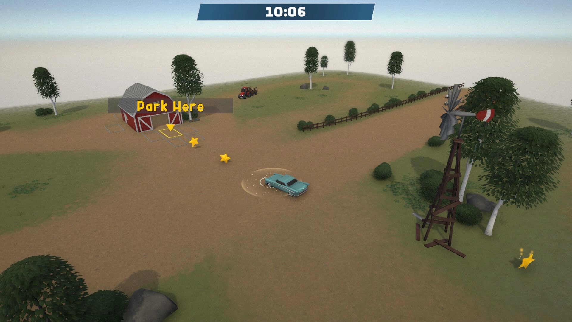 Parallel Park: Car drifting toward a “Park Here” spot by a barn in a foggy farm field, timer 10:06.