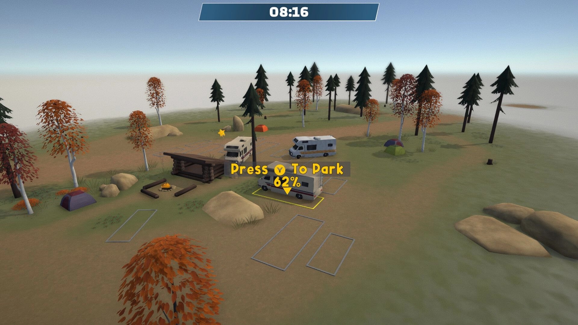 Parallel Park: RV parking prompt at 62% with 08:16 timer in a forest campsite with tents and rocks.