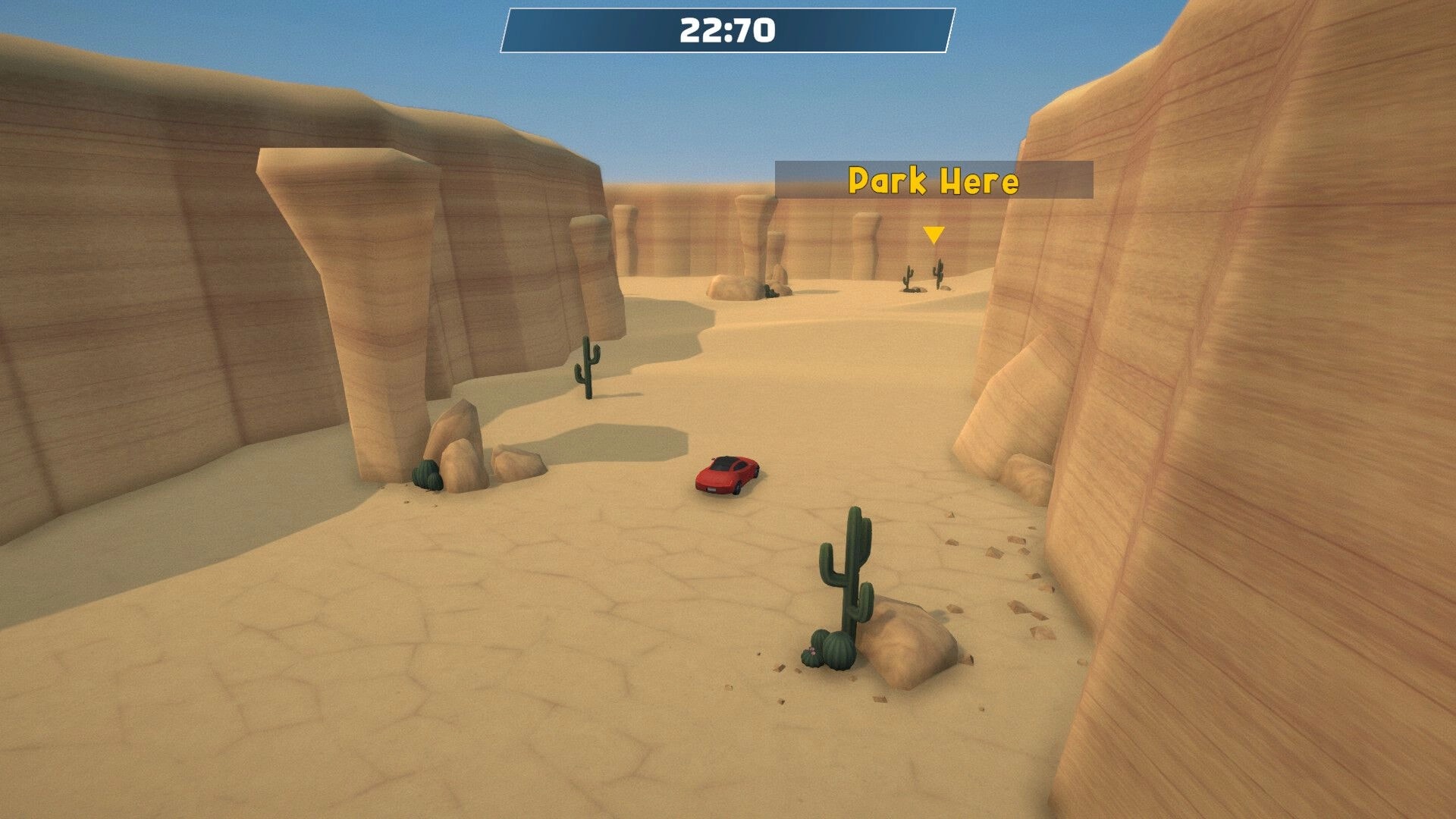 Parallel Park: Red car driving through desert canyon toward a Park Here marker, timer 22:70 UI above.