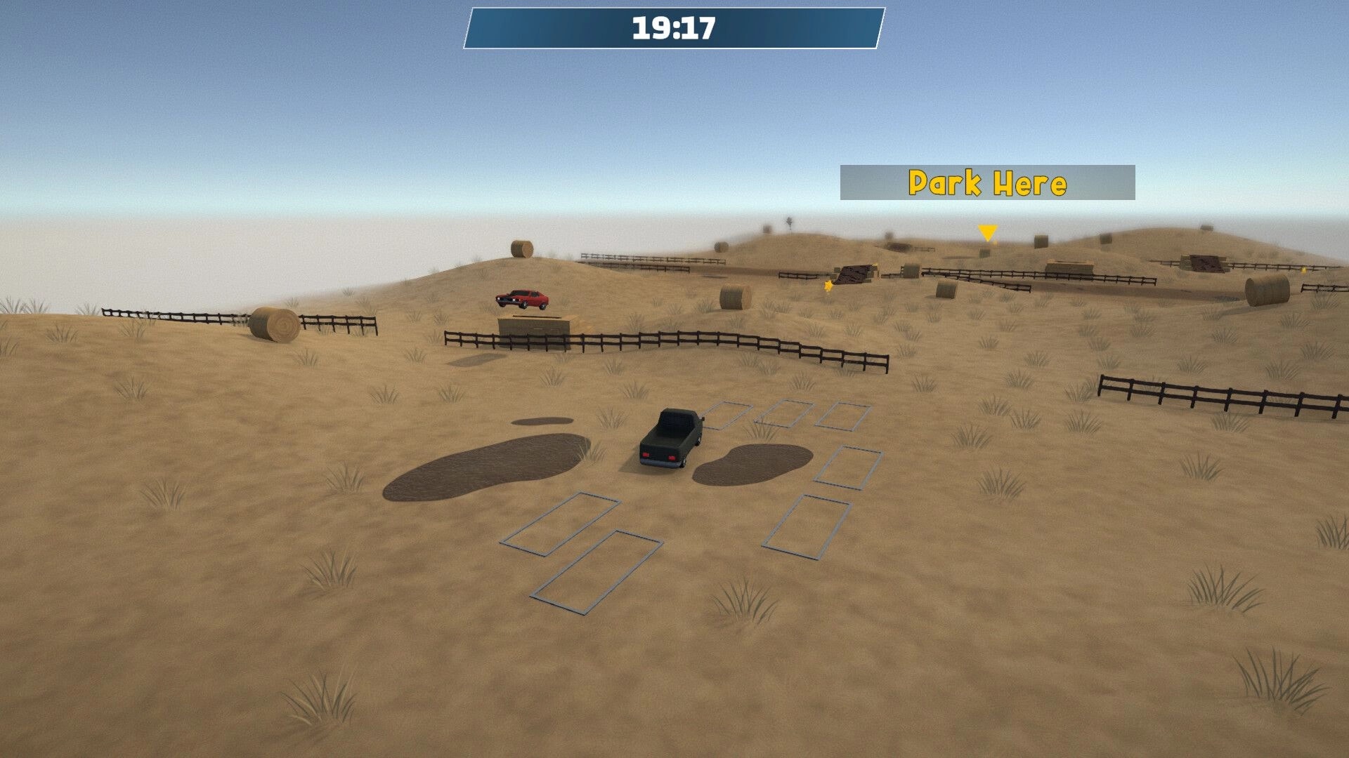 Parallel Park: Pickup truck near outlined parking bays under timer, desert course with fences and hay bales.