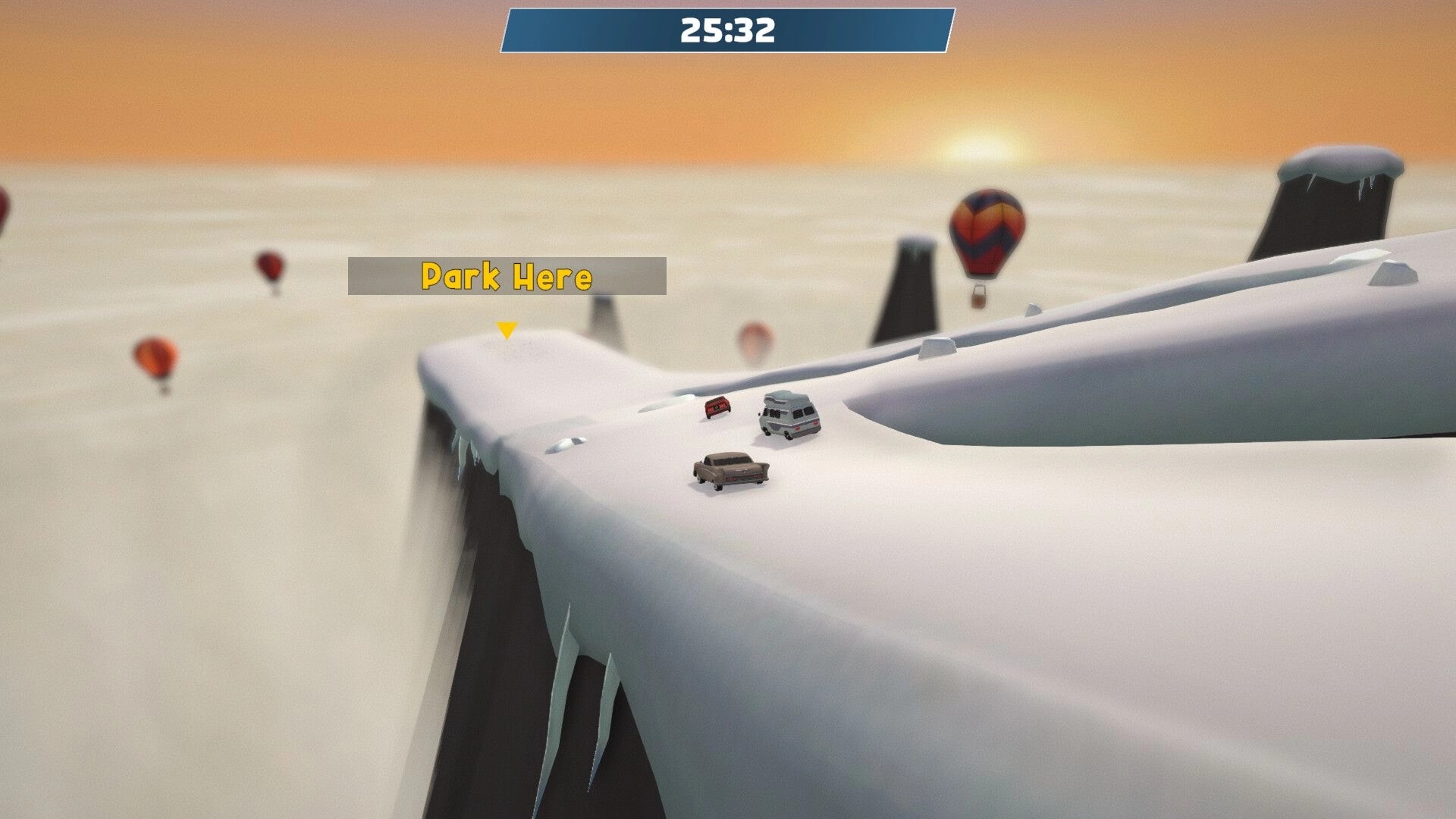Parallel Park: Two cars drive toward a Park Here marker on a snowy cliff road with timer 25:32.