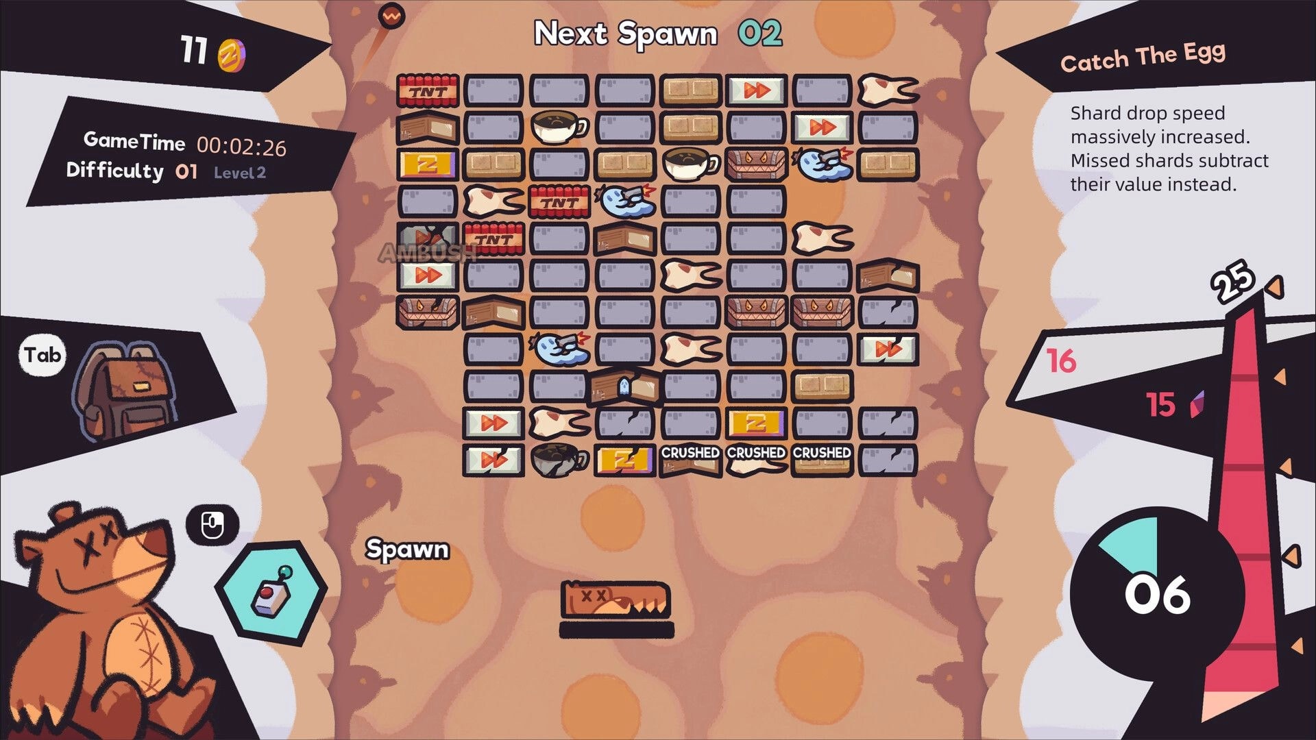 Paw Pop Breakout: Brick grid with TNT, birds, and teeth blocks, Next Spawn 02 and Catch The Egg UI.