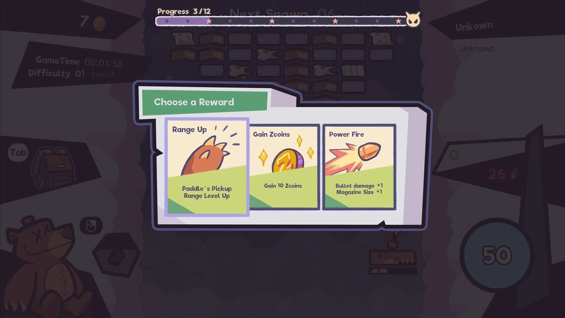Paw Pop Breakout: Choose a Reward screen with three upgrade cards over a dim brick field UI.