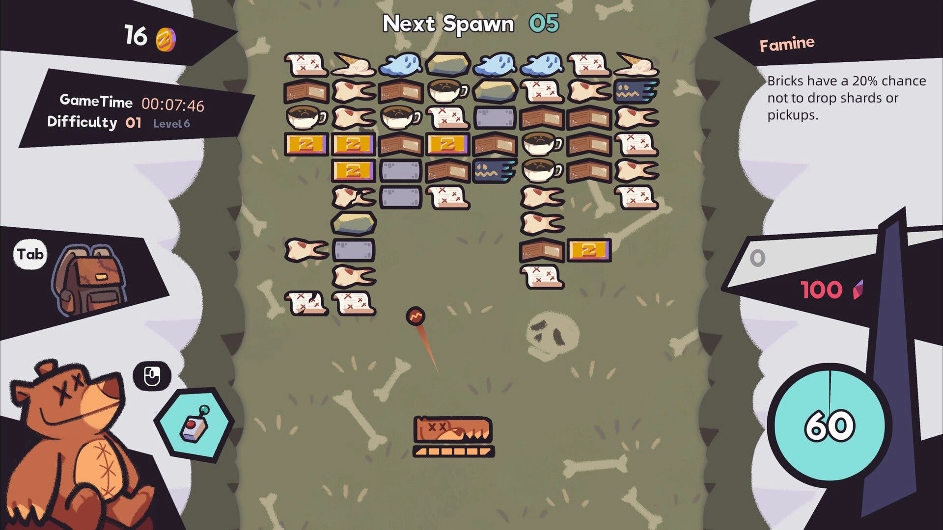Paw Pop Breakout: Brick grid with Next Spawn timer and Famine modifier on a bone-pattern arena UI.
