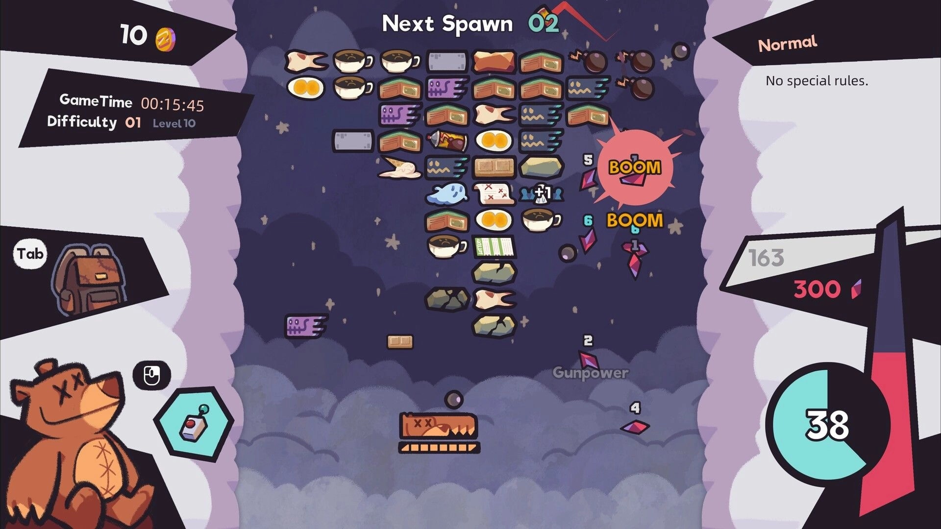 Paw Pop Breakout: Brick grid with bombs exploding and shard pickups in a cloudy night sky UI screen.