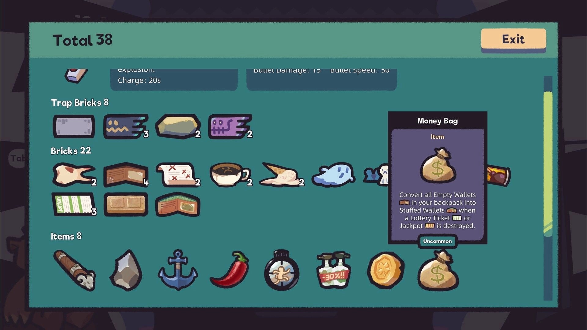 Paw Pop Breakout: Inventory screen listing trap bricks, bricks, and items with Money Bag tooltip popup.