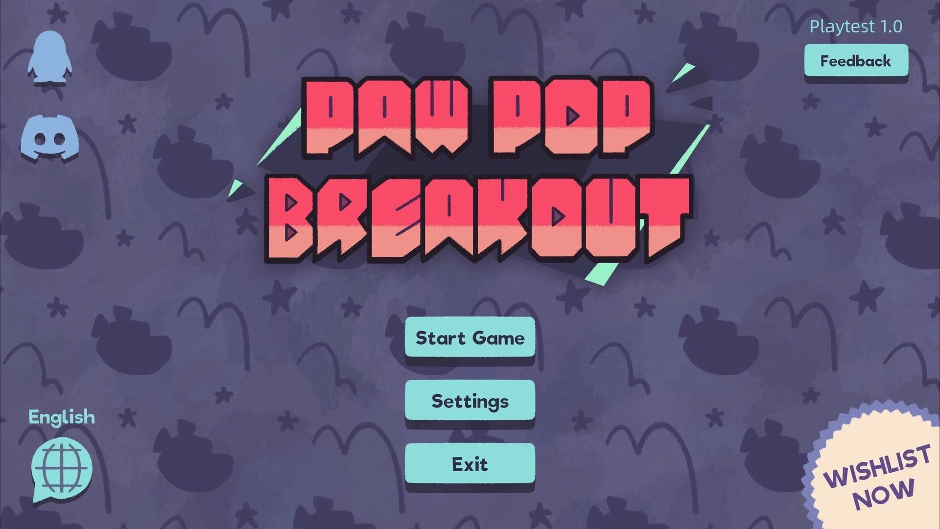 Paw Pop Breakout: Main menu with Start Game, Settings, Exit buttons on patterned purple backdrop.