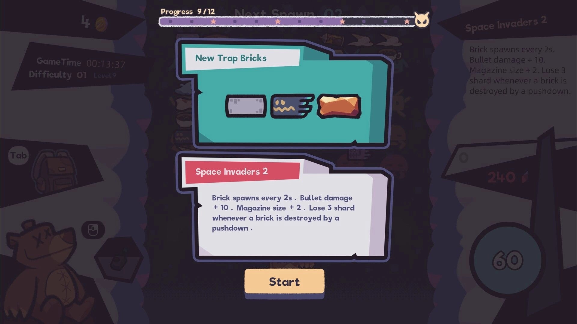 Paw Pop Breakout: New Trap Bricks selection popup with Space Invaders 2 card details and Start button.