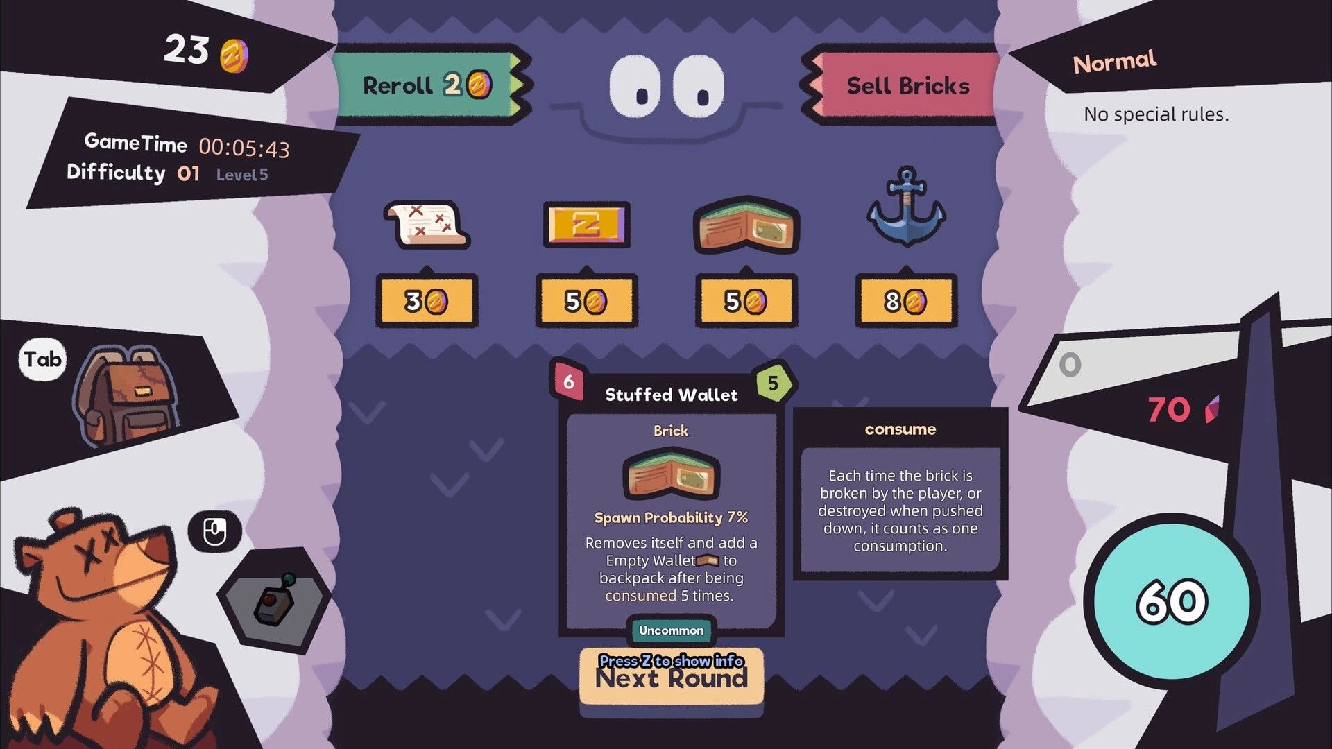 Paw Pop Breakout: Shop menu with reroll and sell bricks, item cards, and Next Round button on screen.