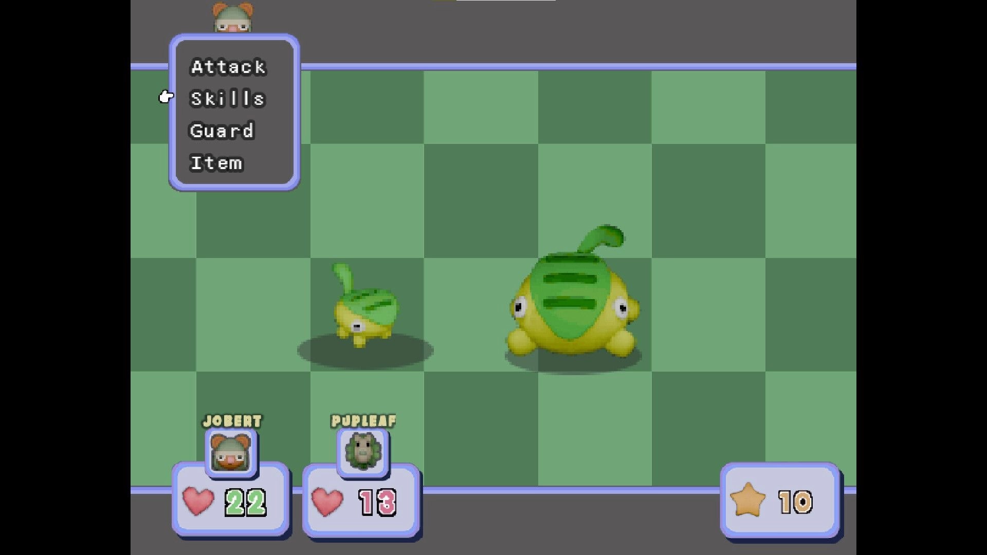 Petrichor: Turn-based combat with Jobert and Pupleaf facing two plant monsters on a checkered field