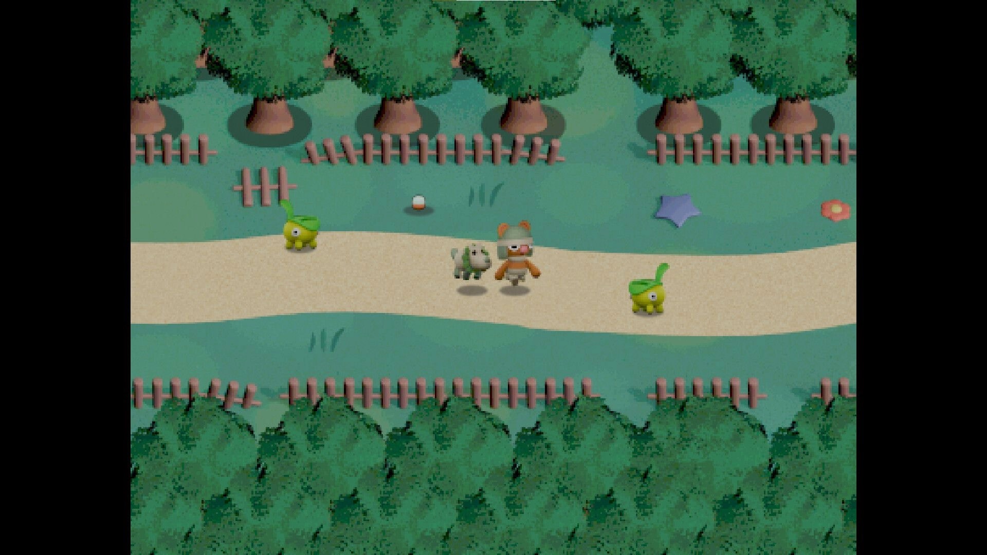 Petrichor: Space cub and companion walking on forest path, flanked by trees and small creatures.