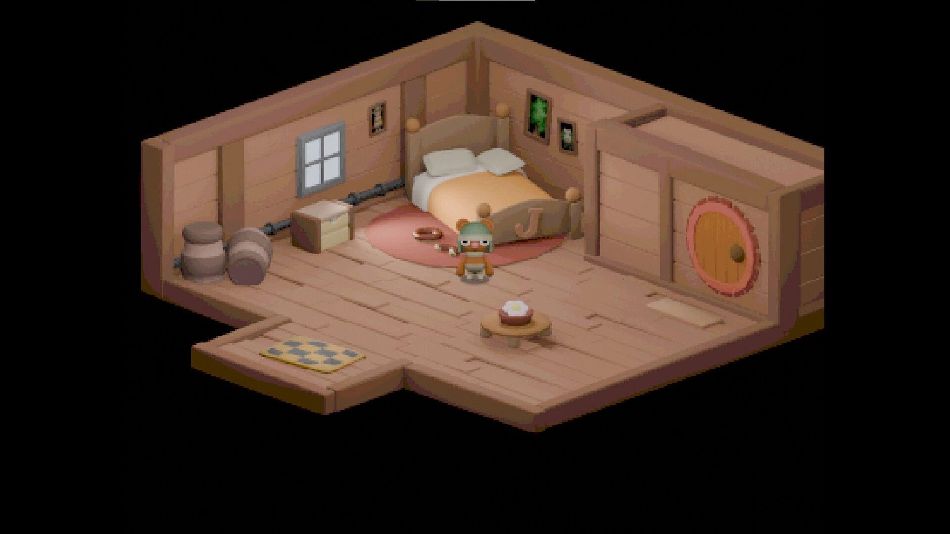 Petrichor: Space cub stands in cozy wooden bedroom with bed, barrels, and a small table with cake.