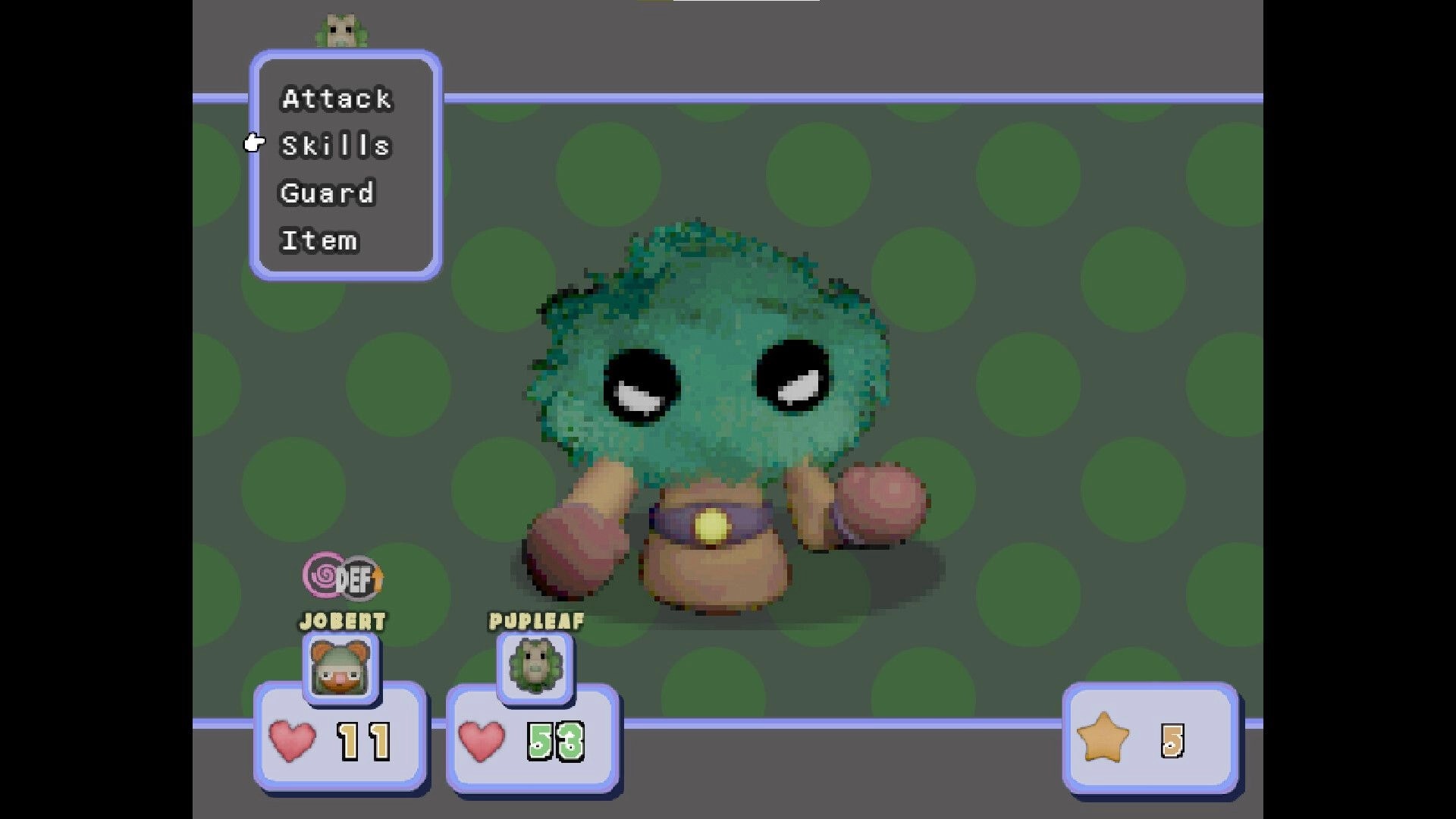 Petrichor: Turn-based battle with Jobert and Pupleaf facing a green creature in a polka dot arena.