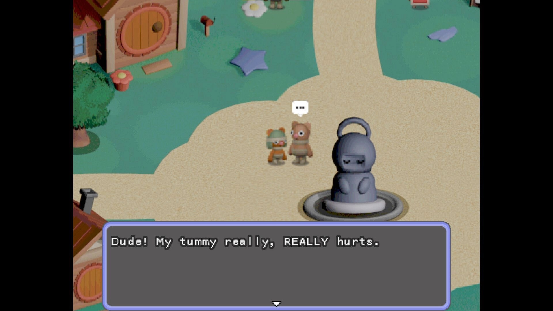 Petrichor: Two characters converse near a statue in a quaint village, with dialogue about a tummy ache.