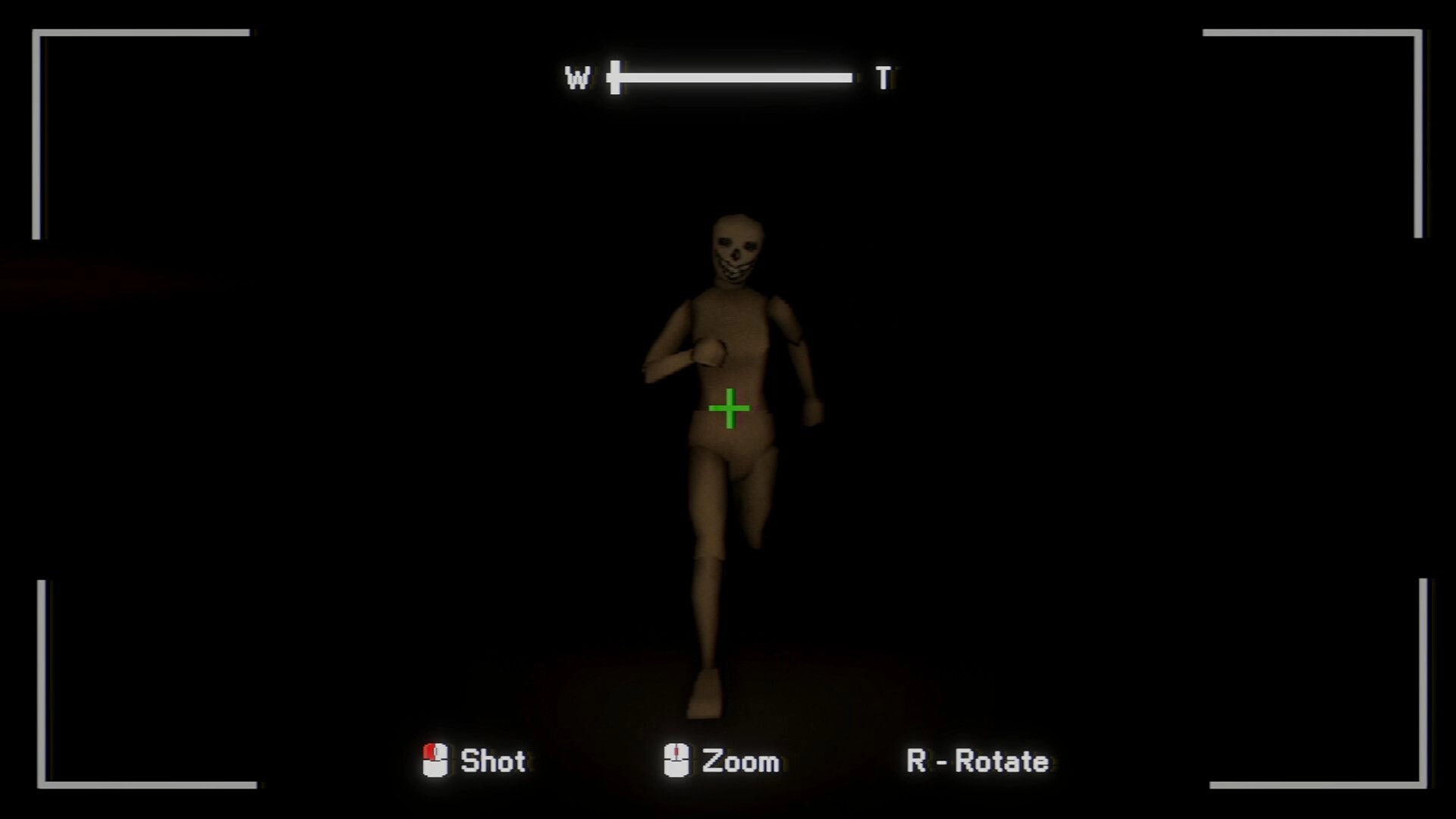 Photomaly: Camera view aiming at a running wooden mannequin in darkness with shot and zoom UI prompts.