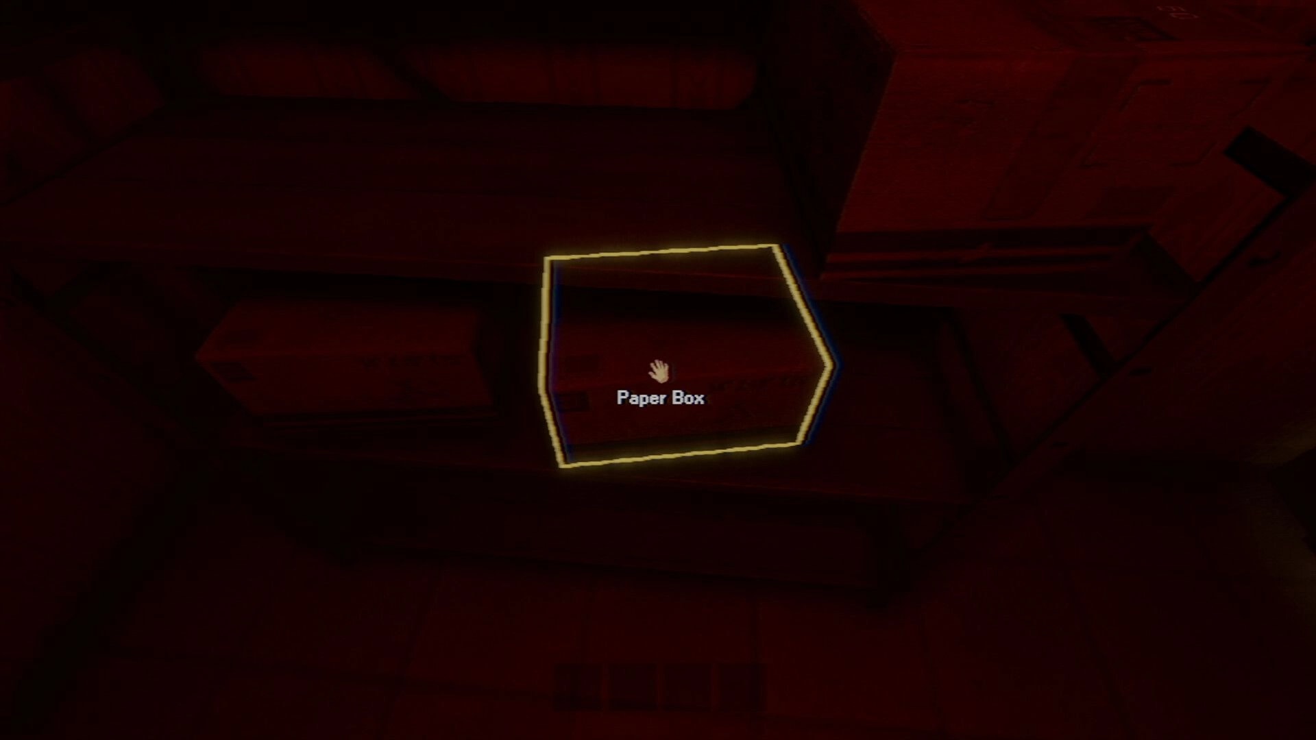 Photomaly: Cursor highlights a Paper Box pickup on stacked crates in a dim red storage room.