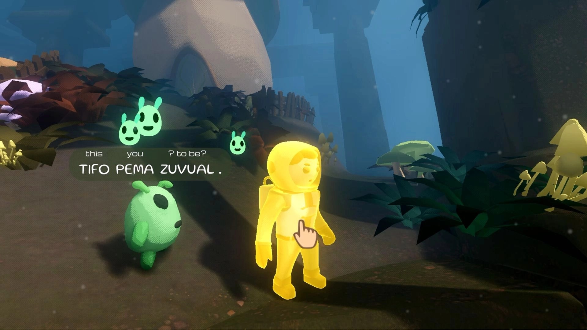 Pikku Adventure: Glowing astronaut talks to green alien as translation text appears in misty forest path.