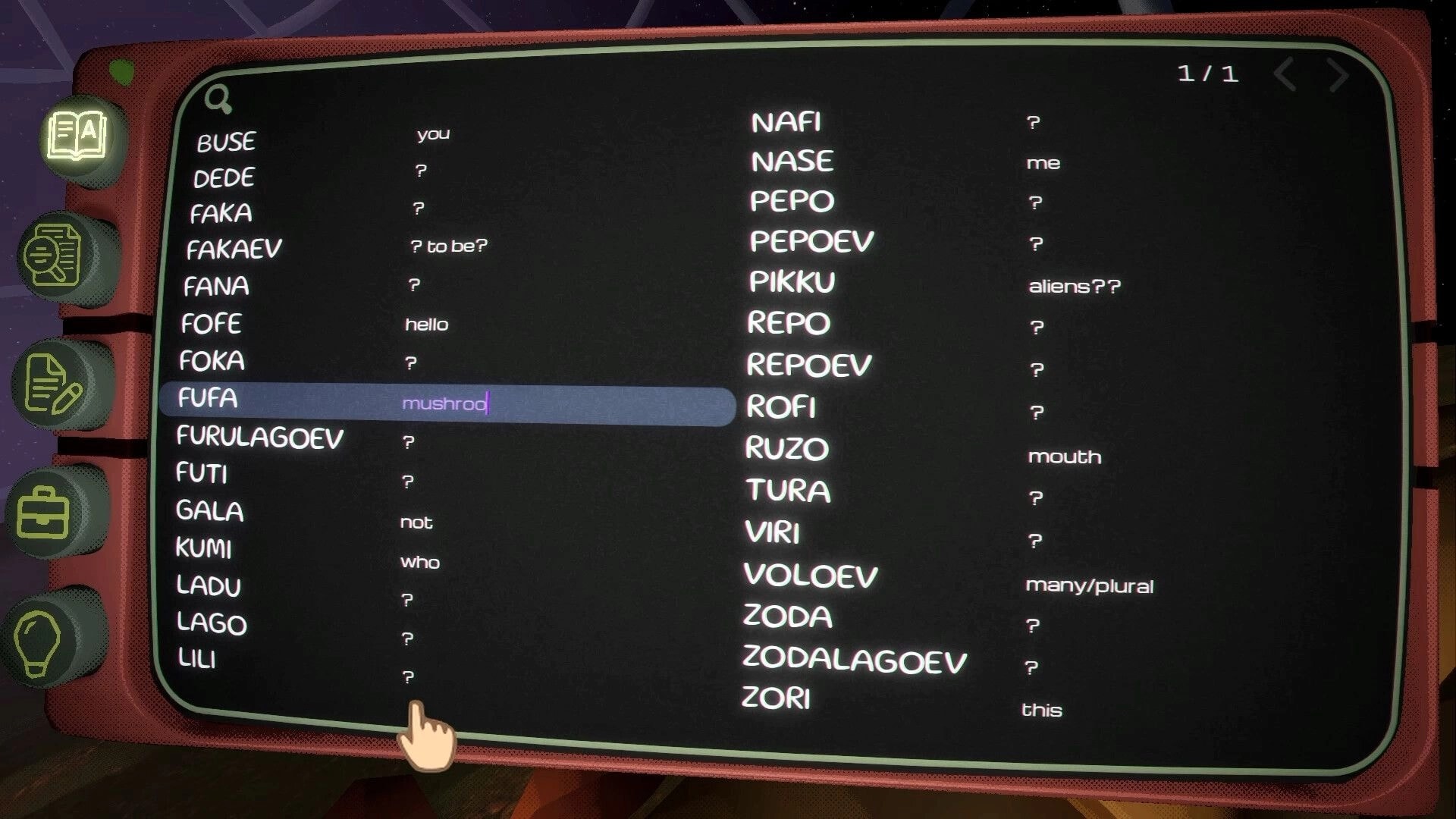 Pikku Adventure: Alien language dictionary UI with word list and translation field on a tablet screen.