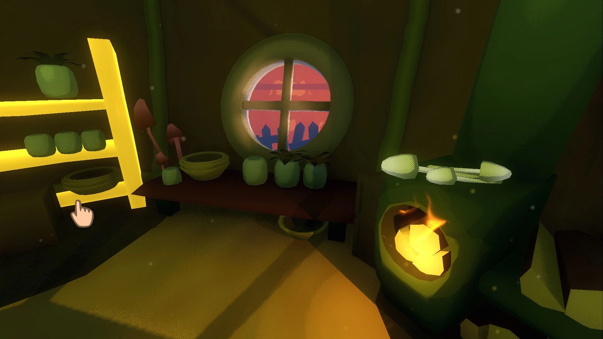 Pikku Adventure: Cozy hut kitchen with shelves, table of green jars, and a glowing stove hearth.